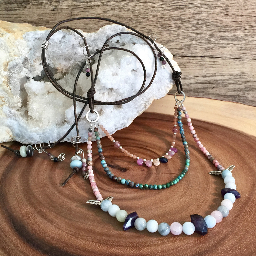 Beryl Amethyst Pink Sapphire Natural Boho Necklace - Picture 2 of 8